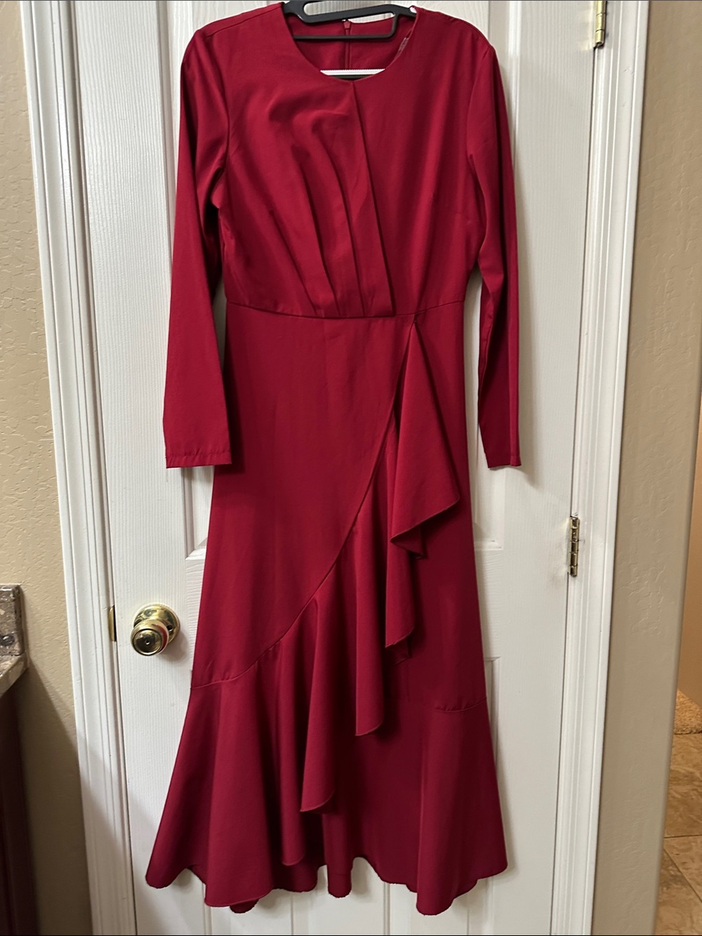 SHEIN Deep Red Long Sleeve Ruffle Midi Dress
